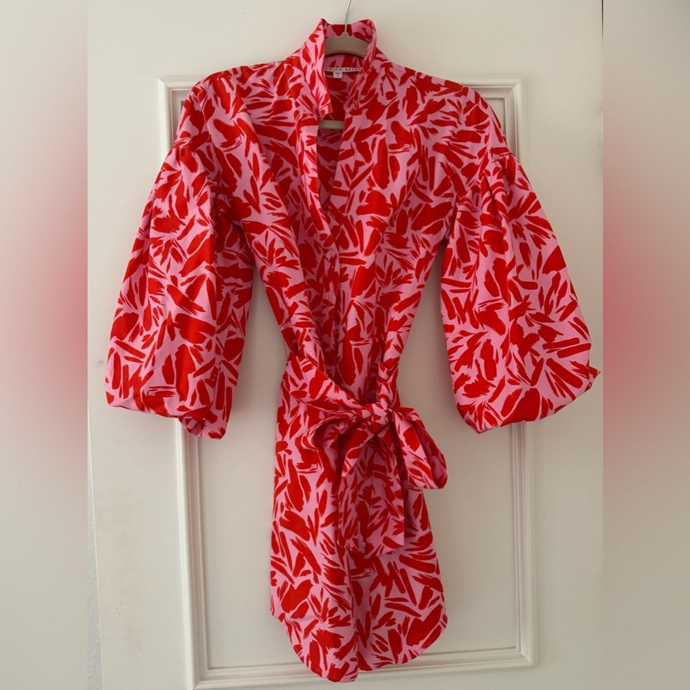 Veronica Beard puff sleeve dress in pink and red